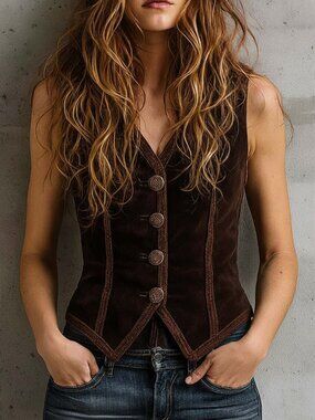 FUTARIO Vintage Faux Suede Vest With Decorative Buttons Size L